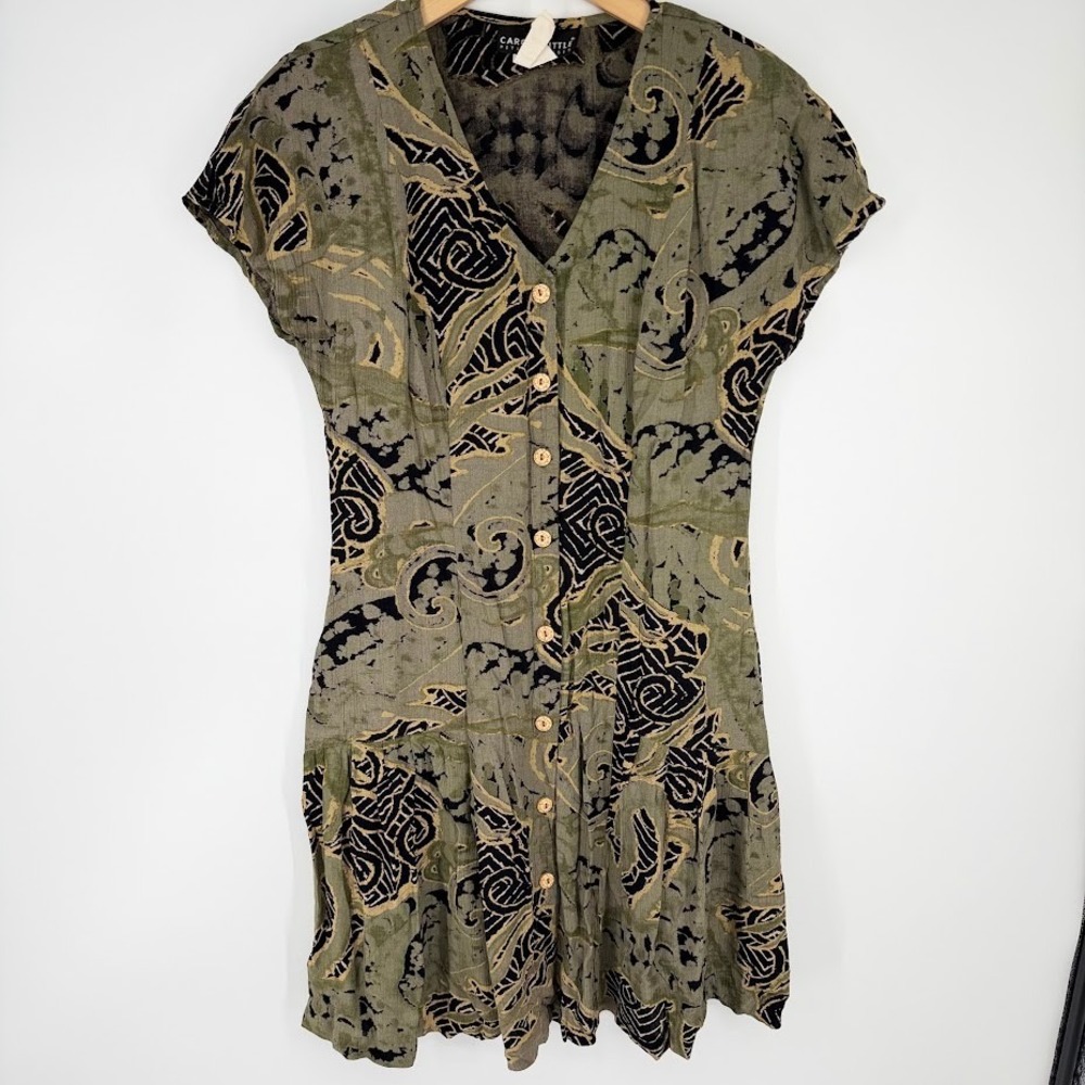 VTG 90s Carole Little Mini Dress Womens 10P Green Abstract Button Front Grunge